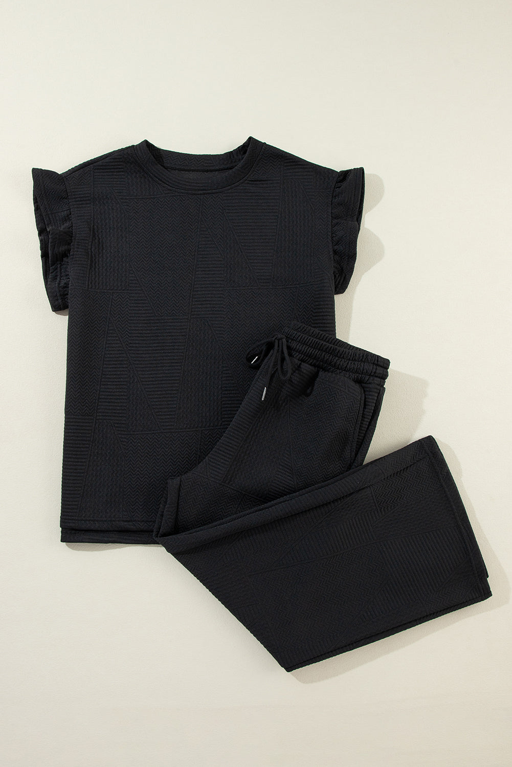 Black Textured Ruffle Summer Top and Drawstring Pants Set