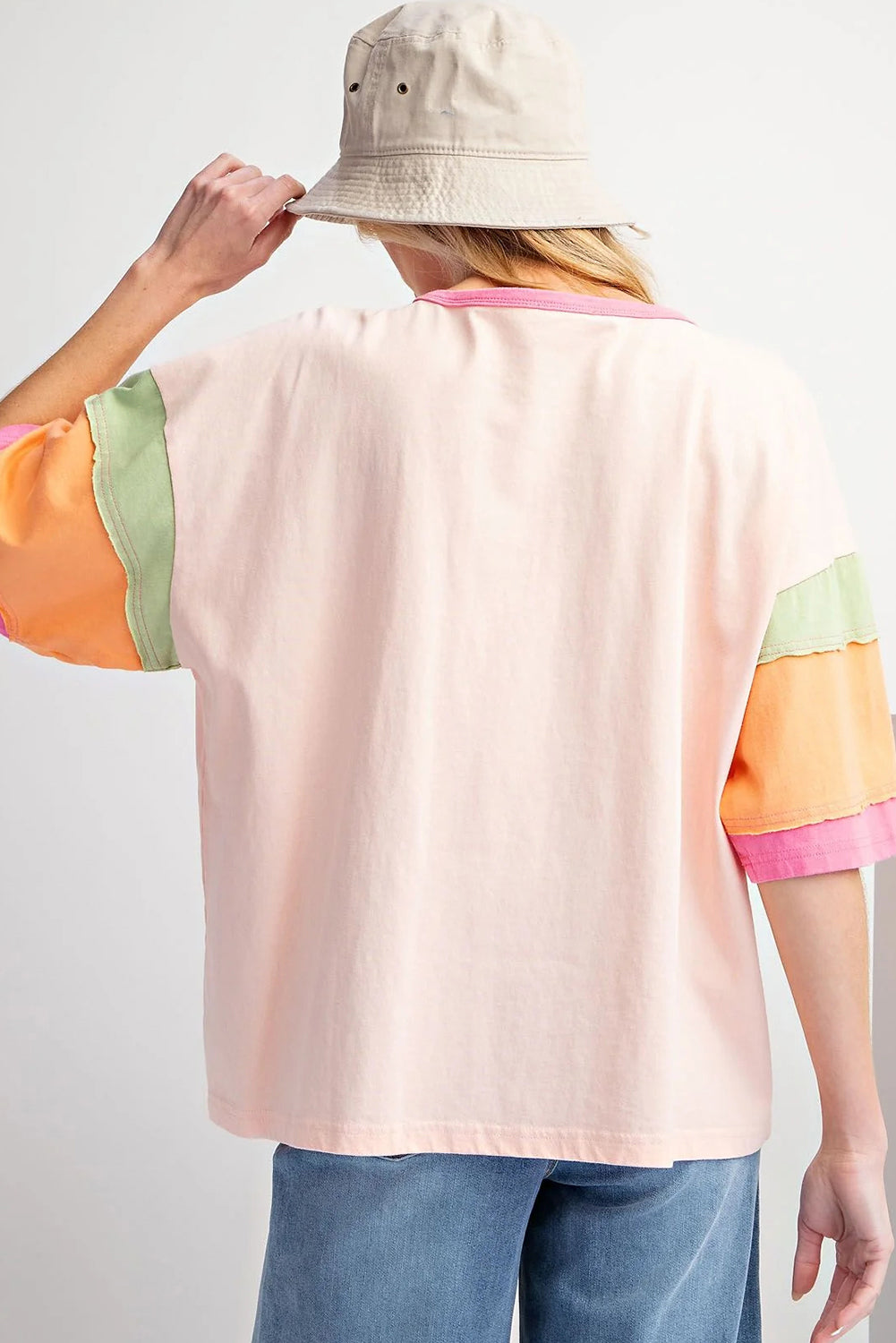 Pink Sequin Plaid Disco Light Ball Graphic Color Block Sleeve Tee