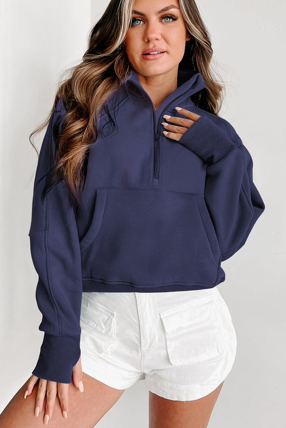 Bonbon Zip Up Stand Collar Ribbed Thumbhole Sleeve Sweatshirt