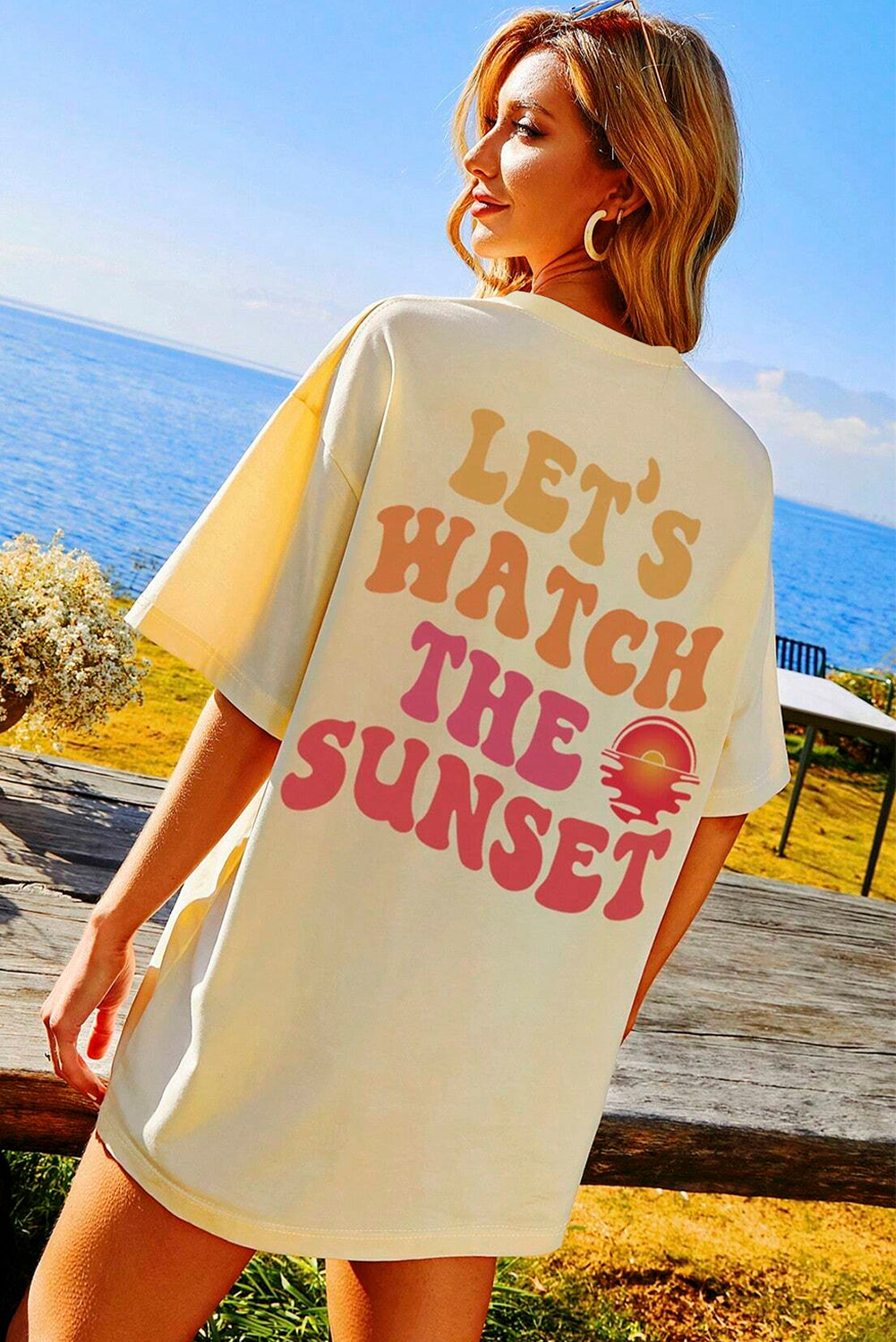 Yellow Cream LET'S WATCH THE SUNSET Print Half Sleeve Long Tee