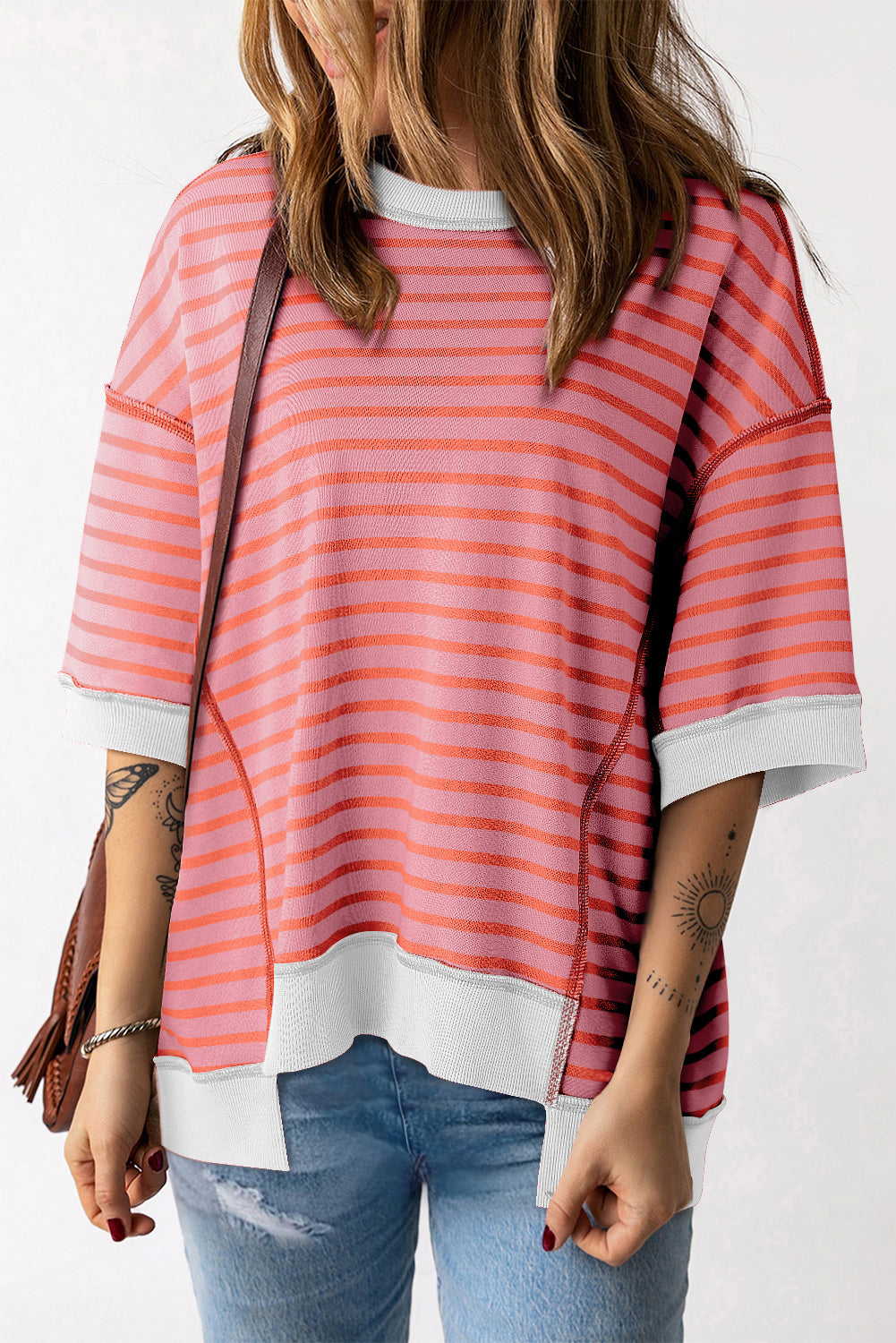 Pink Stripe Colorblock Drop Sleeve Loose Top