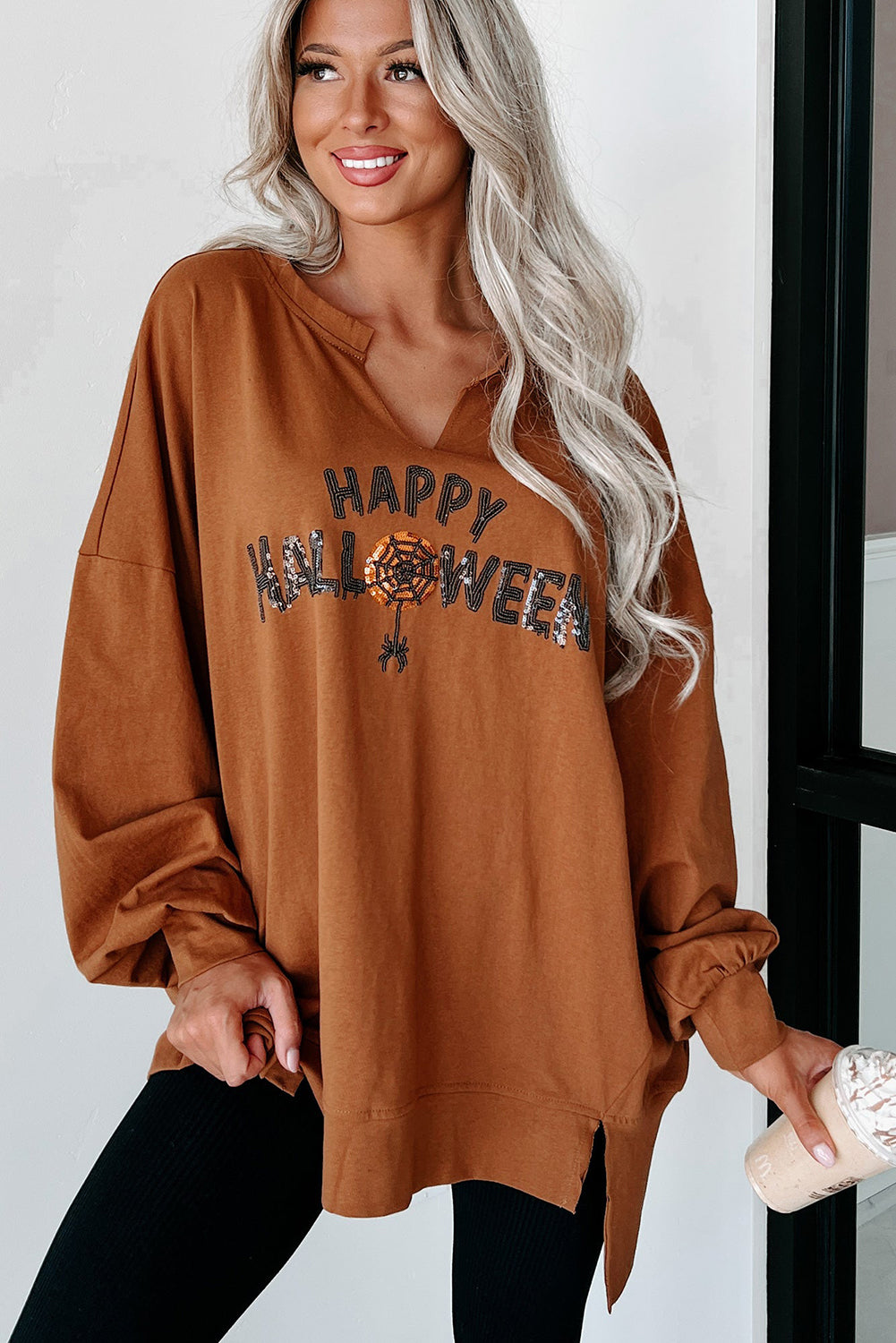 Chestnut Sequin Happy Halloween Graphic Notched Neck Loose Top