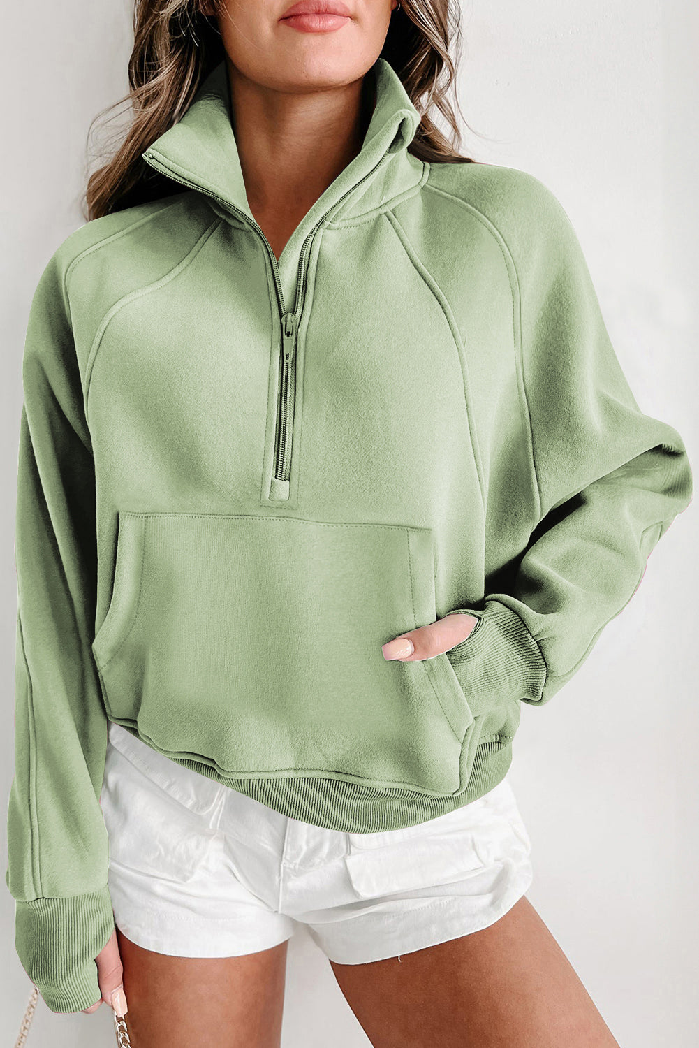 Bonbon Zip Up Stand Collar Ribbed Thumbhole Sleeve Sweatshirt