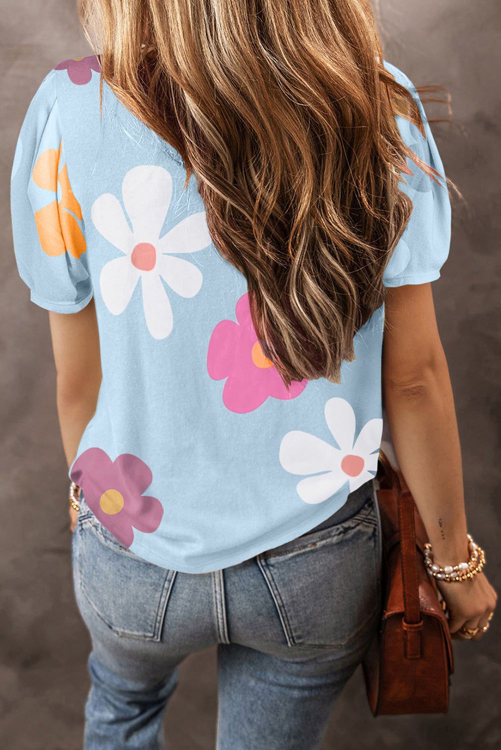 Sky Blue Colorful Flower Print Bubble Sleeve Tee