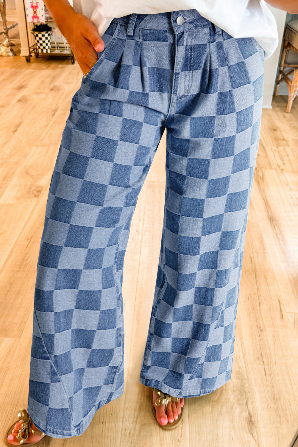 Dark Grey Checkered Light Washed Wide Leg Jeans