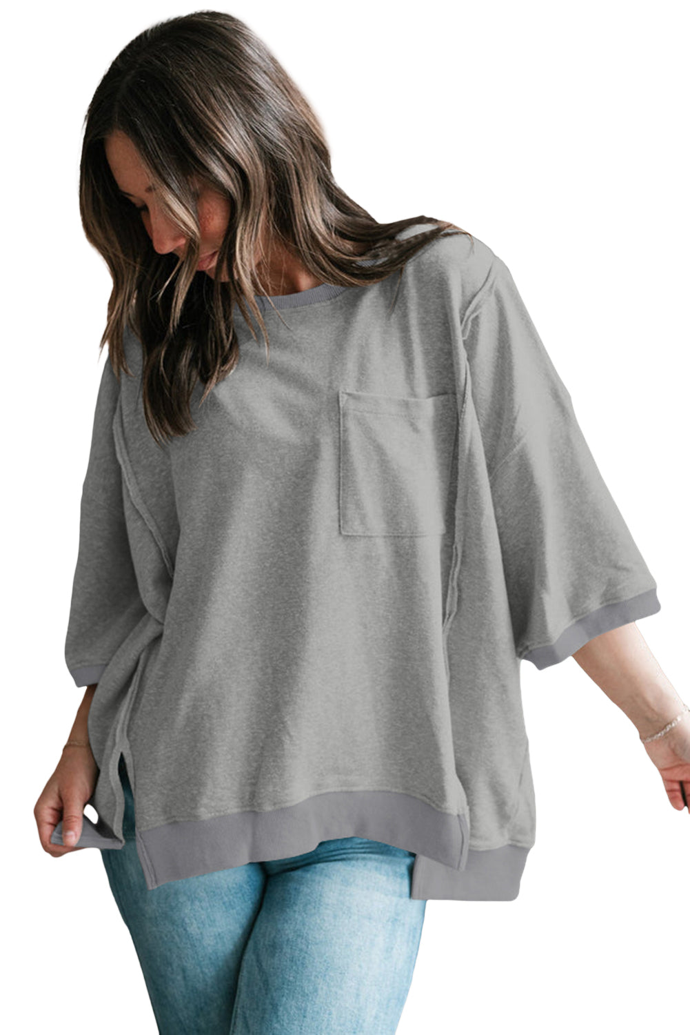 Bonbon Exposed Seam Pocket Side Split Loose T Shirt