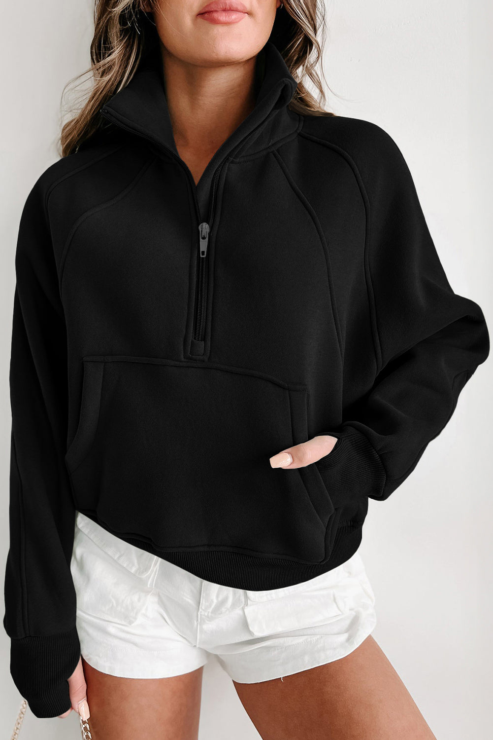 Bonbon Zip Up Stand Collar Ribbed Thumbhole Sleeve Sweatshirt