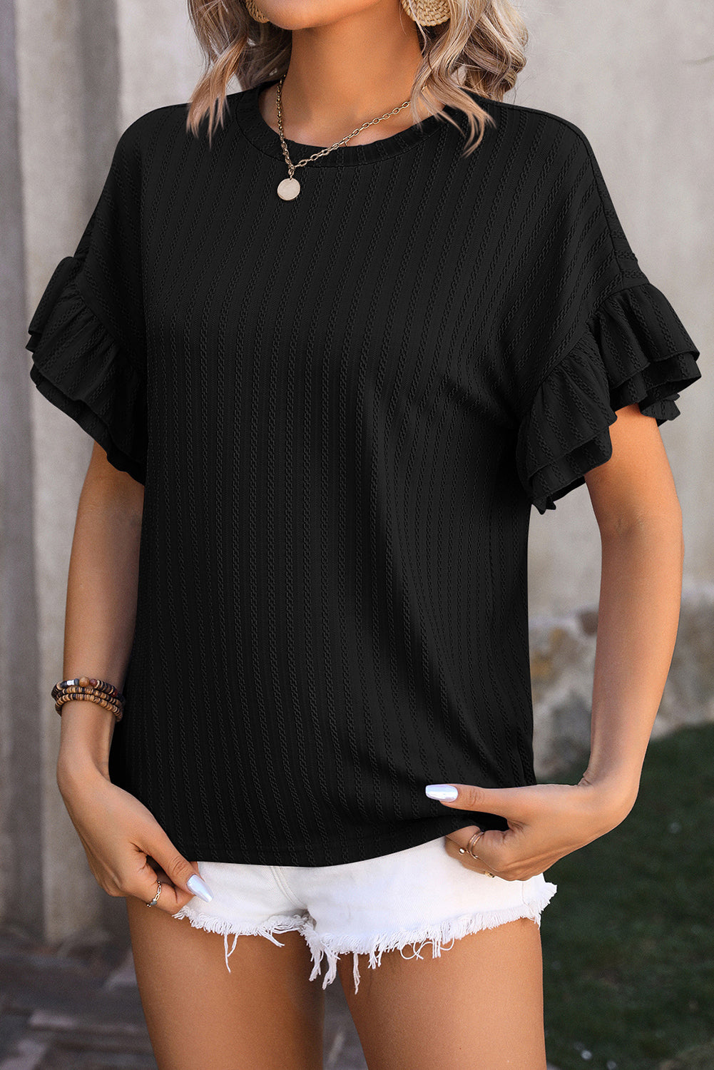 Black Solid Color Layered Ruffle Sleeve Textured Blouse