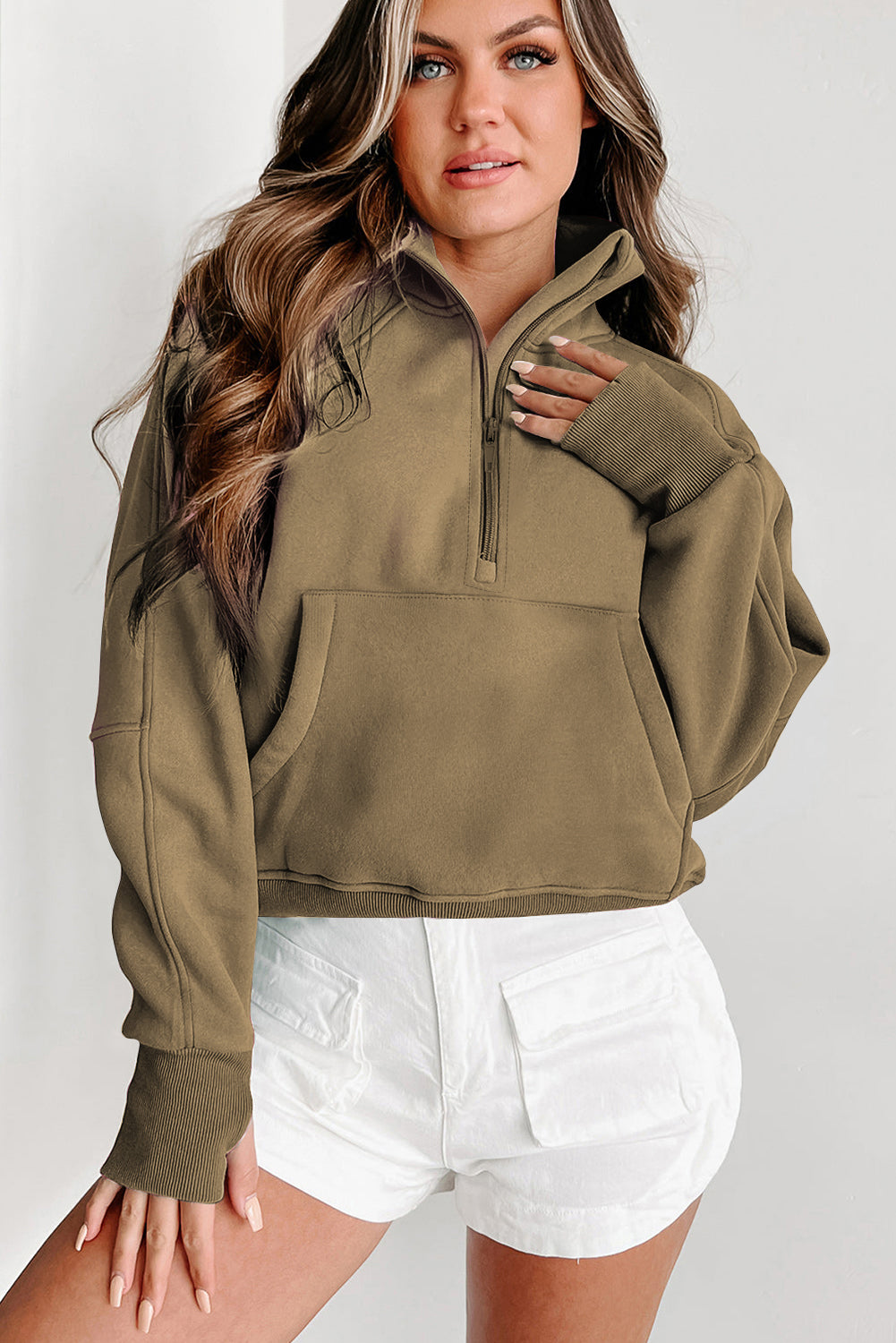 Bonbon Zip Up Stand Collar Ribbed Thumbhole Sleeve Sweatshirt