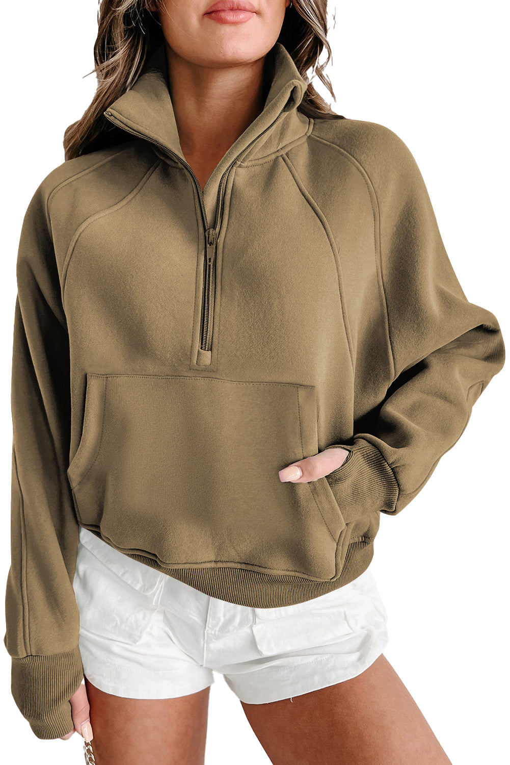 Bonbon Zip Up Stand Collar Ribbed Thumbhole Sleeve Sweatshirt