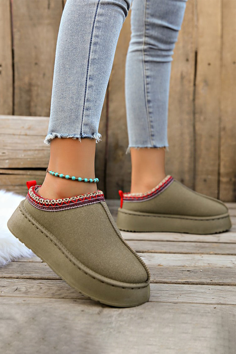 Sage Green Suede Contrast Round Toe Plush Lined Flats