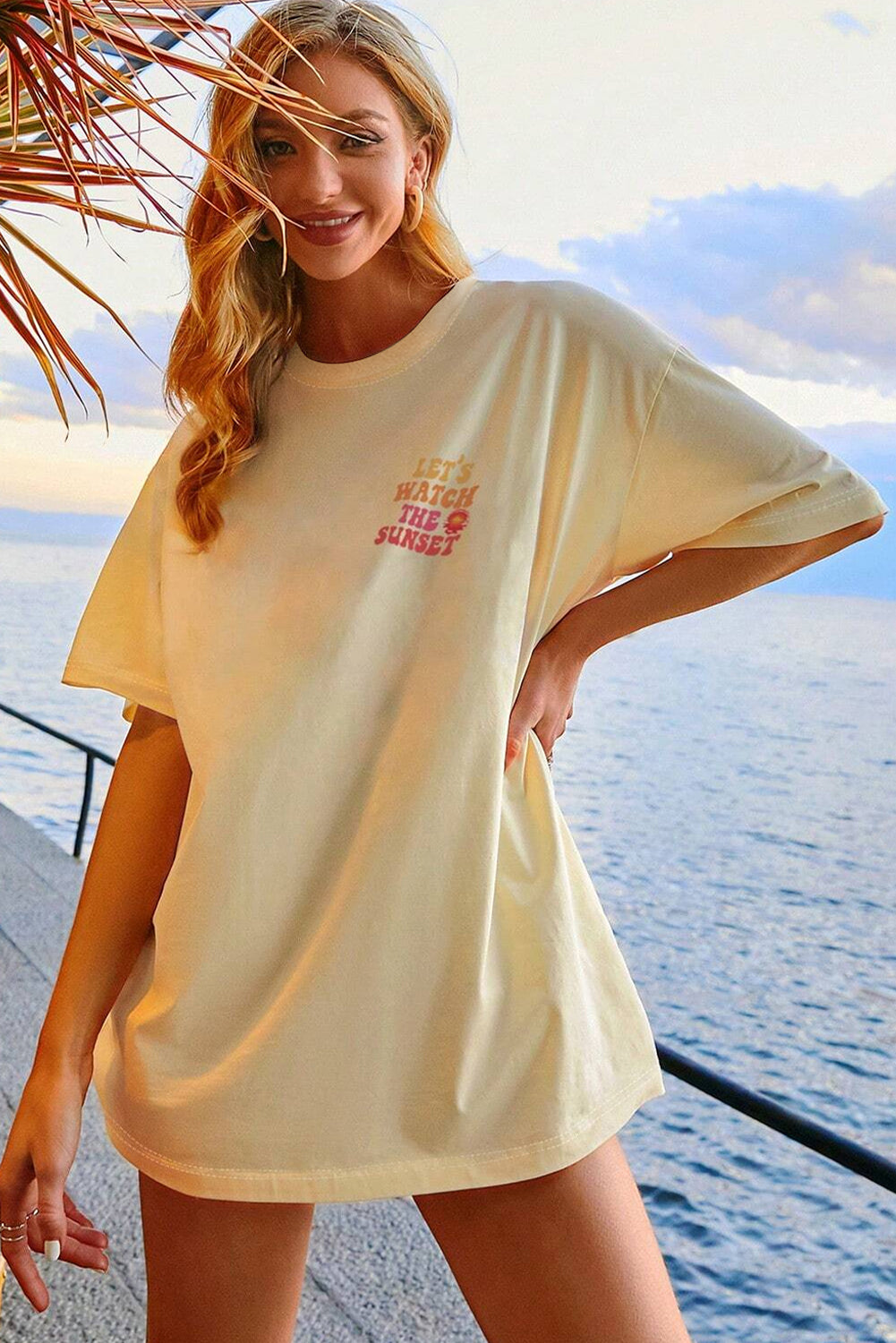 Yellow Cream LET'S WATCH THE SUNSET Print Half Sleeve Long Tee