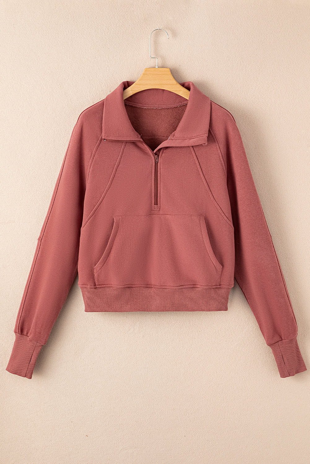 Bonbon Zip Up Stand Collar Ribbed Thumbhole Sleeve Sweatshirt