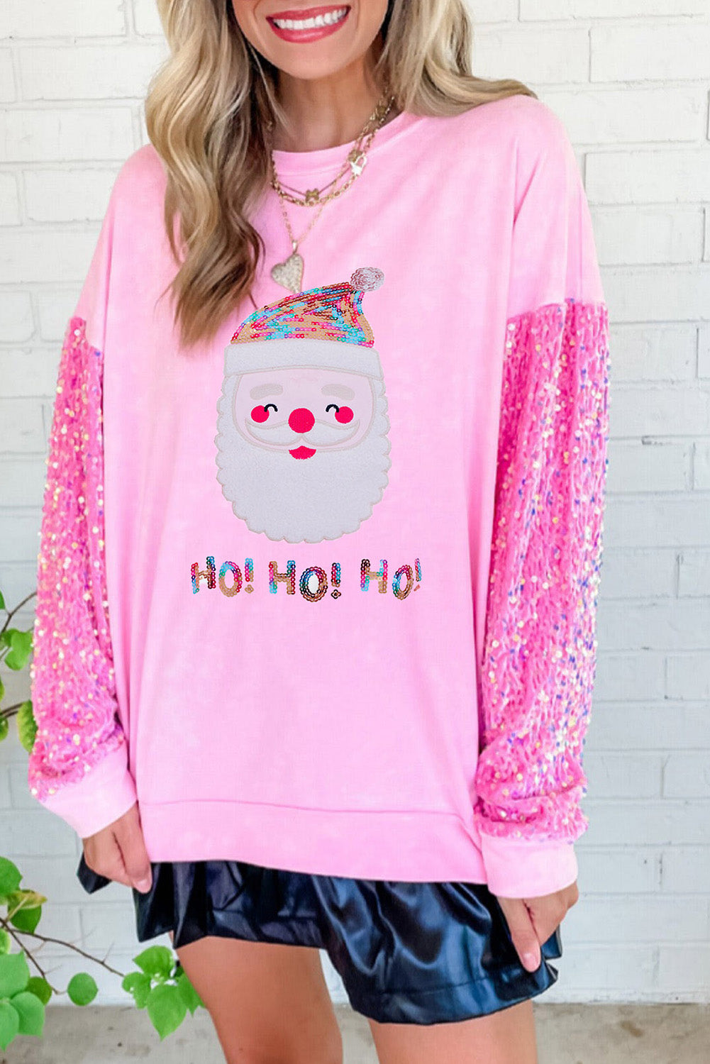 Pink HO HO HO Sequin Sleeve Mineral Washed Graphic Sweatshirt