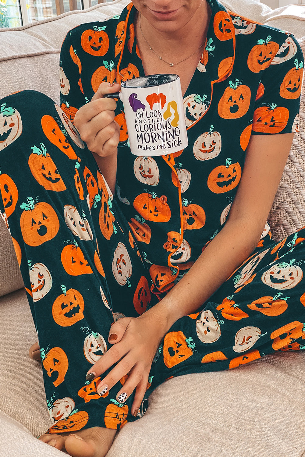 Orange Halloween Pumpkin Short Sleeve Shirt Pajama Set