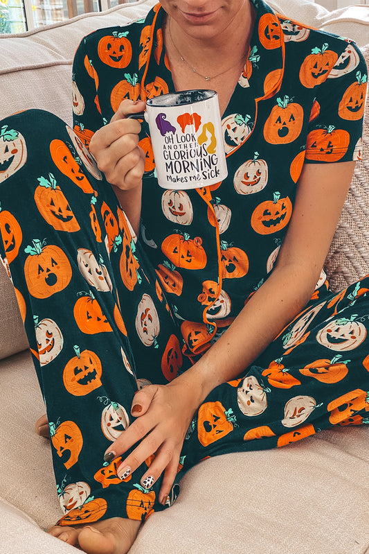 Orange Halloween Pumpkin Short Sleeve Shirt Pajama Set