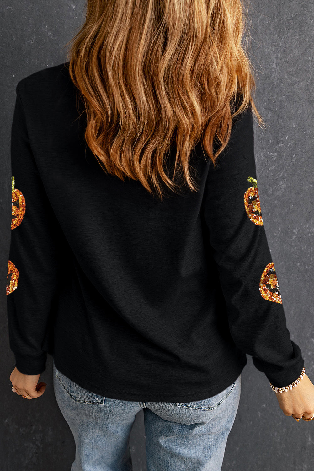 Black Halloween Sequin Pumpkin Face Graphic Top