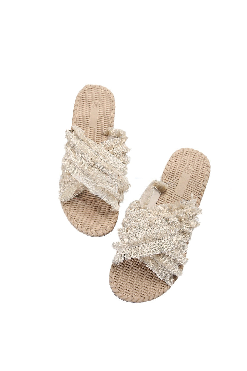 Beige Cross Tassel Band Flat Slides Shoes