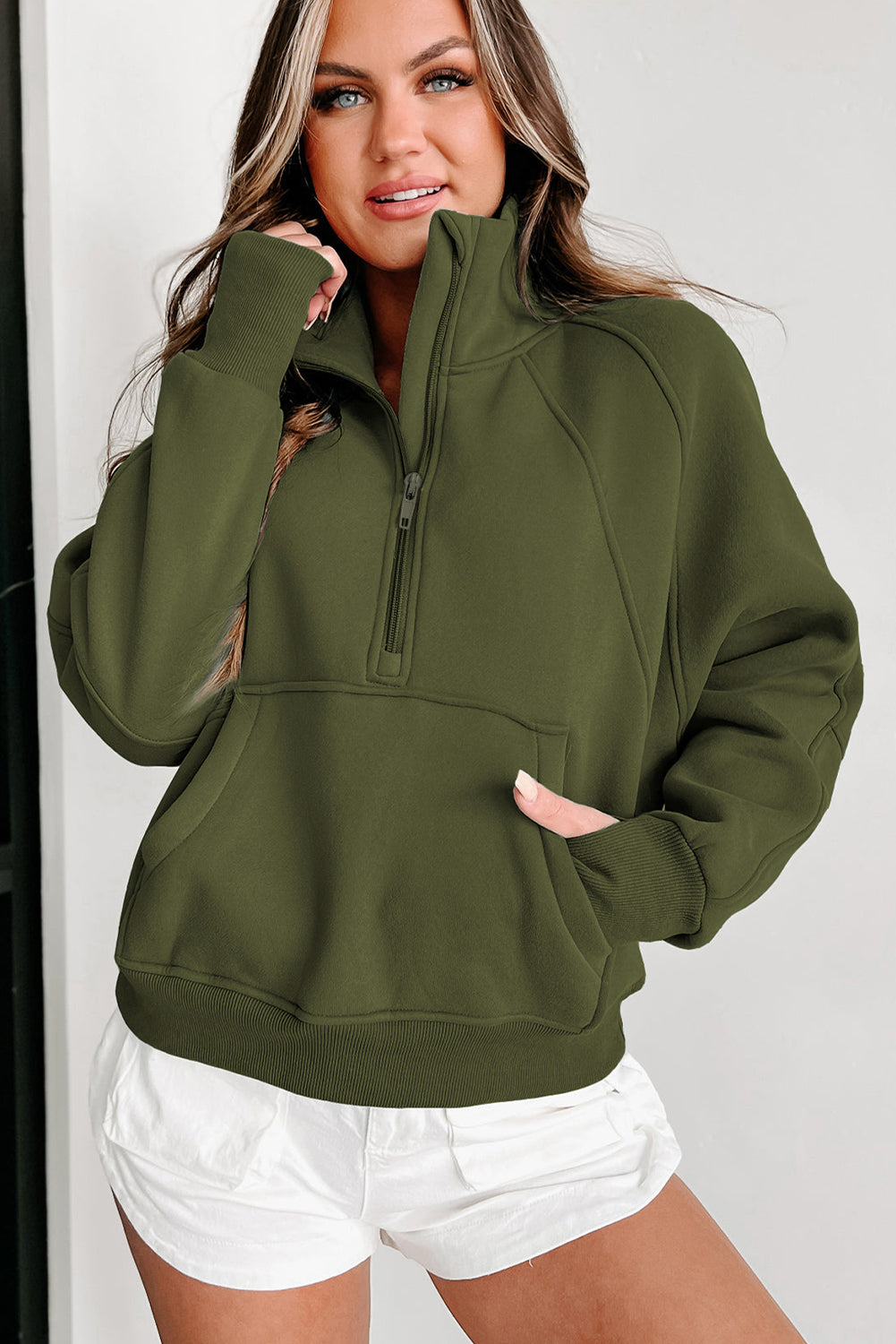 Bonbon Zip Up Stand Collar Ribbed Thumbhole Sleeve Sweatshirt