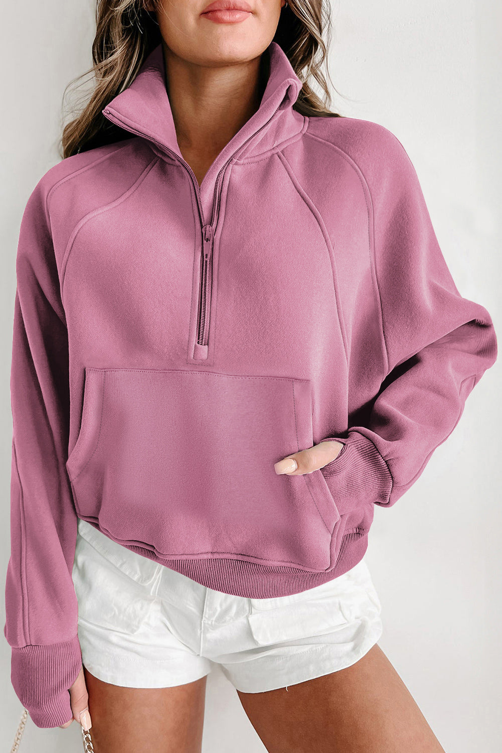 Bonbon Zip Up Stand Collar Ribbed Thumbhole Sleeve Sweatshirt