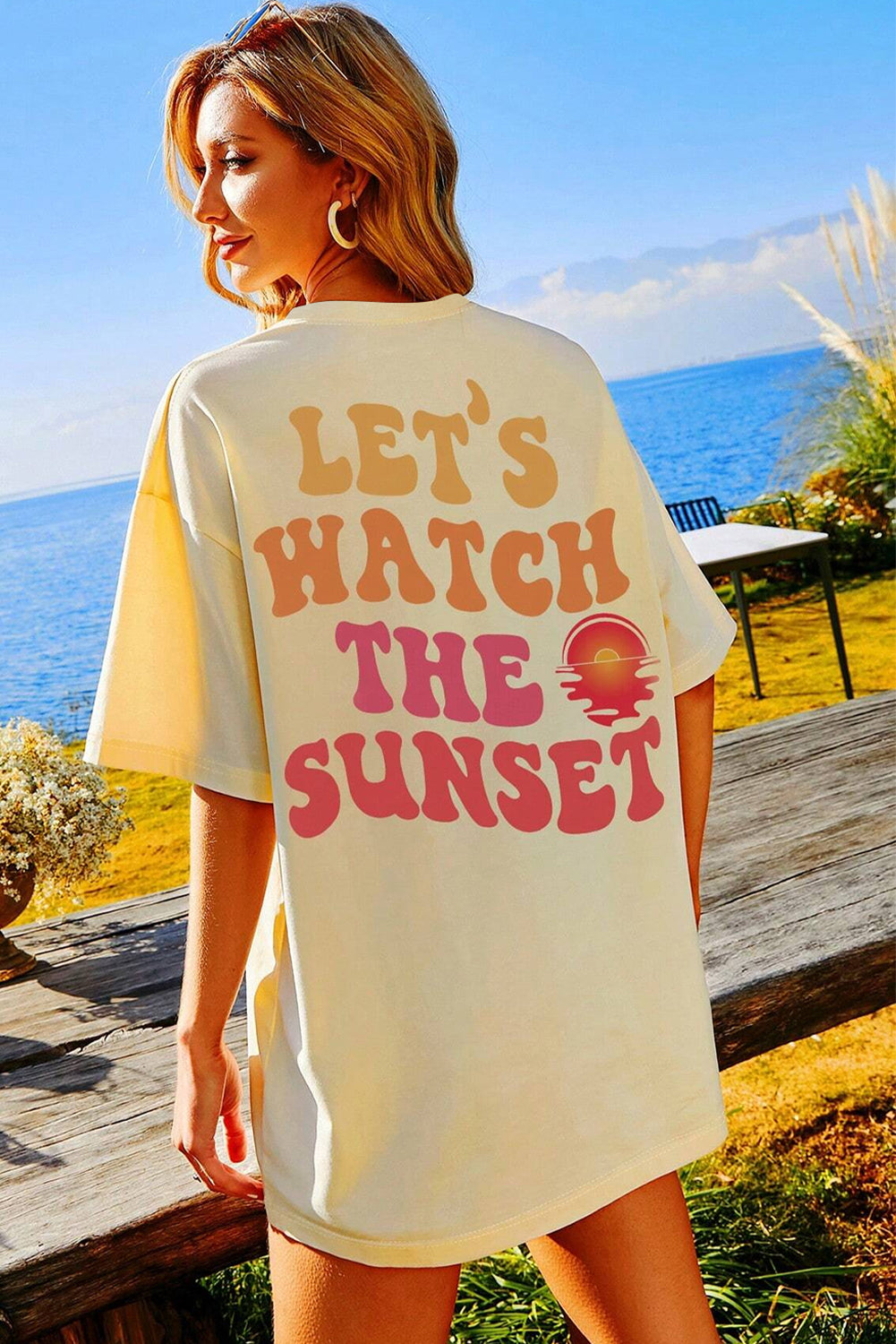 Yellow Cream LET'S WATCH THE SUNSET Print Half Sleeve Long Tee