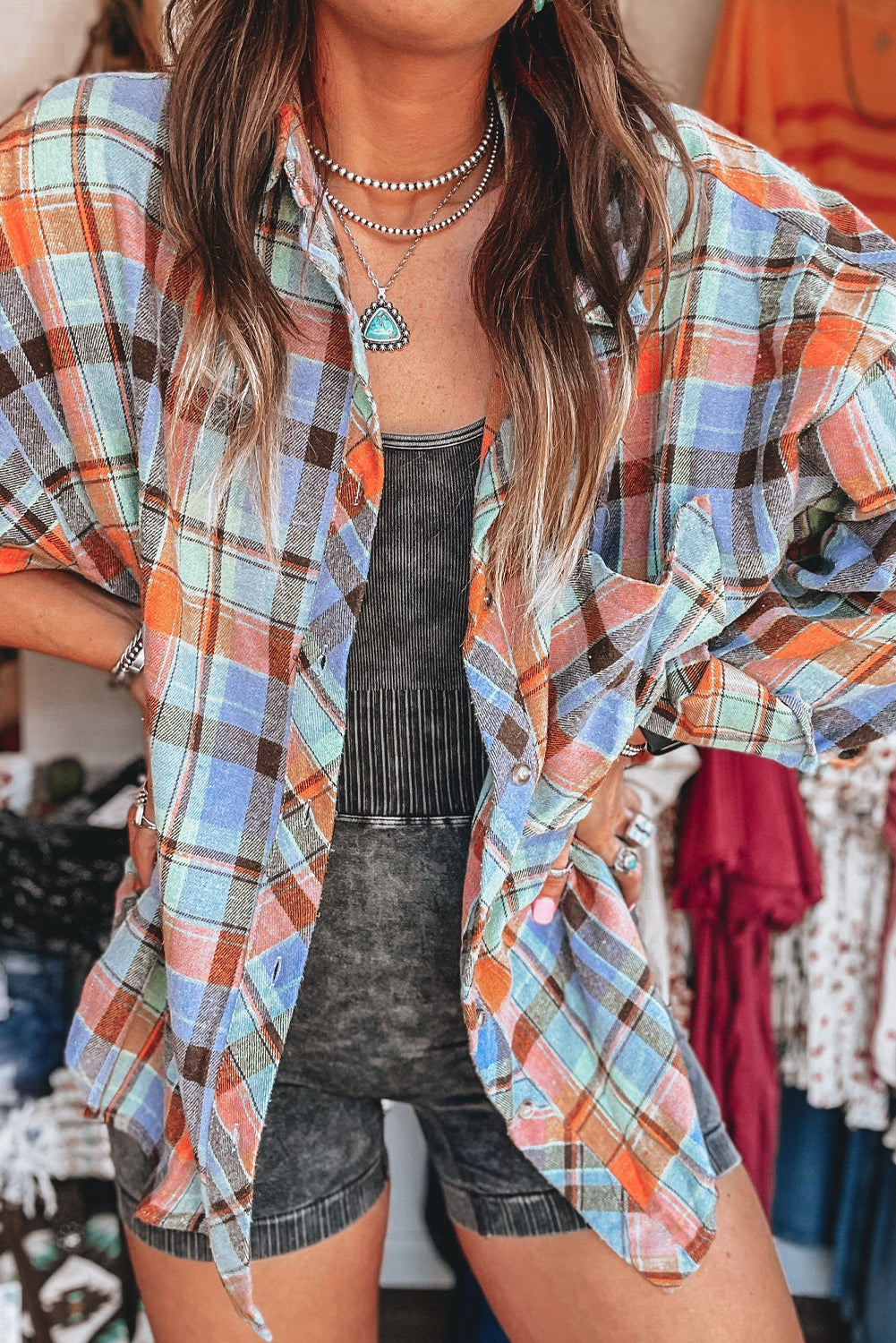 Red Plaid Print Drop Sleeve Loose Shirt