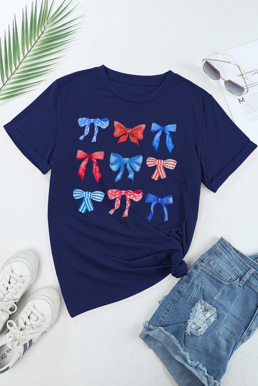 Blue American Flag Bow Knot Graphic Round Neck Tee