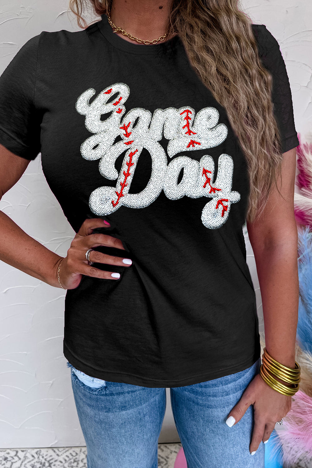 Black Game Day Baseball Graphic Crew Neck Tee