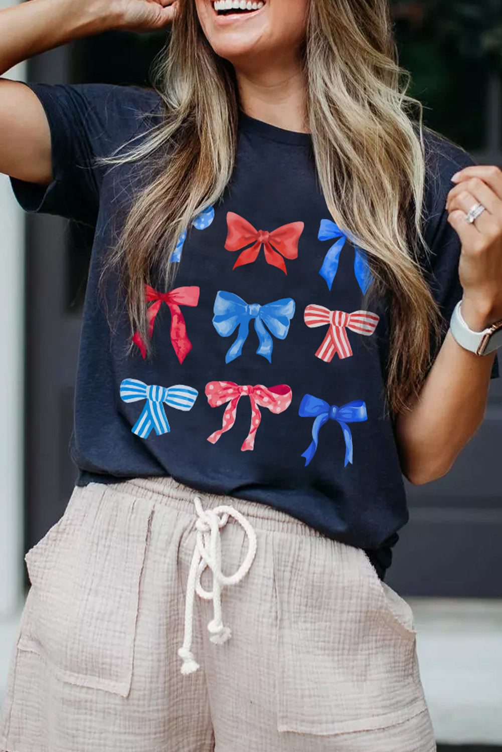 Blue American Flag Bow Knot Graphic Round Neck Tee