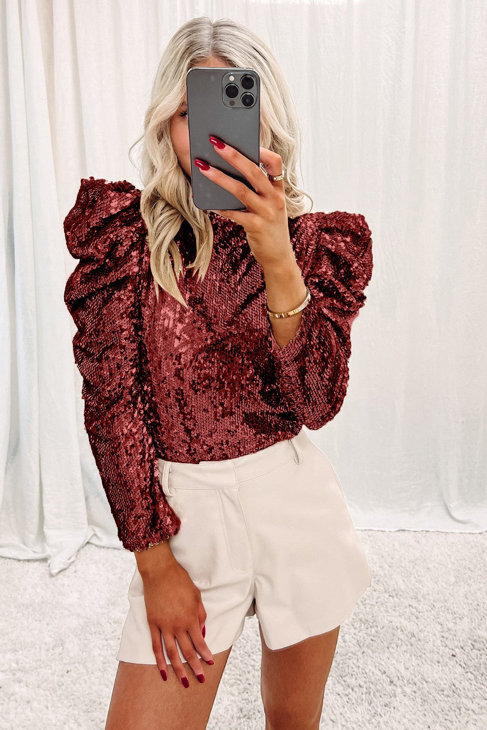 Black Sequin Mock Neck Ruched Puff Sleeve Top