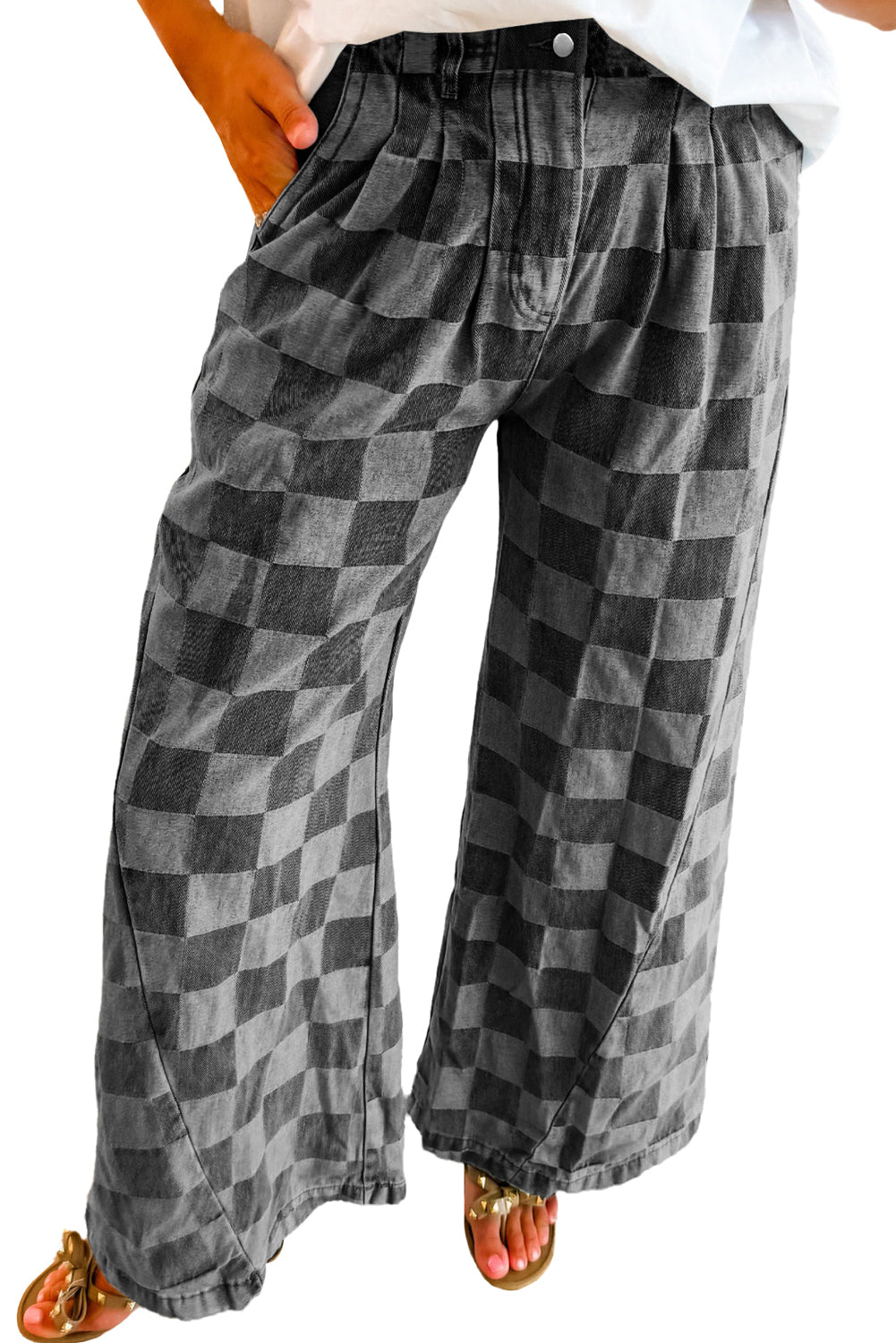 Dark Grey Checkered Light Washed Wide Leg Jeans