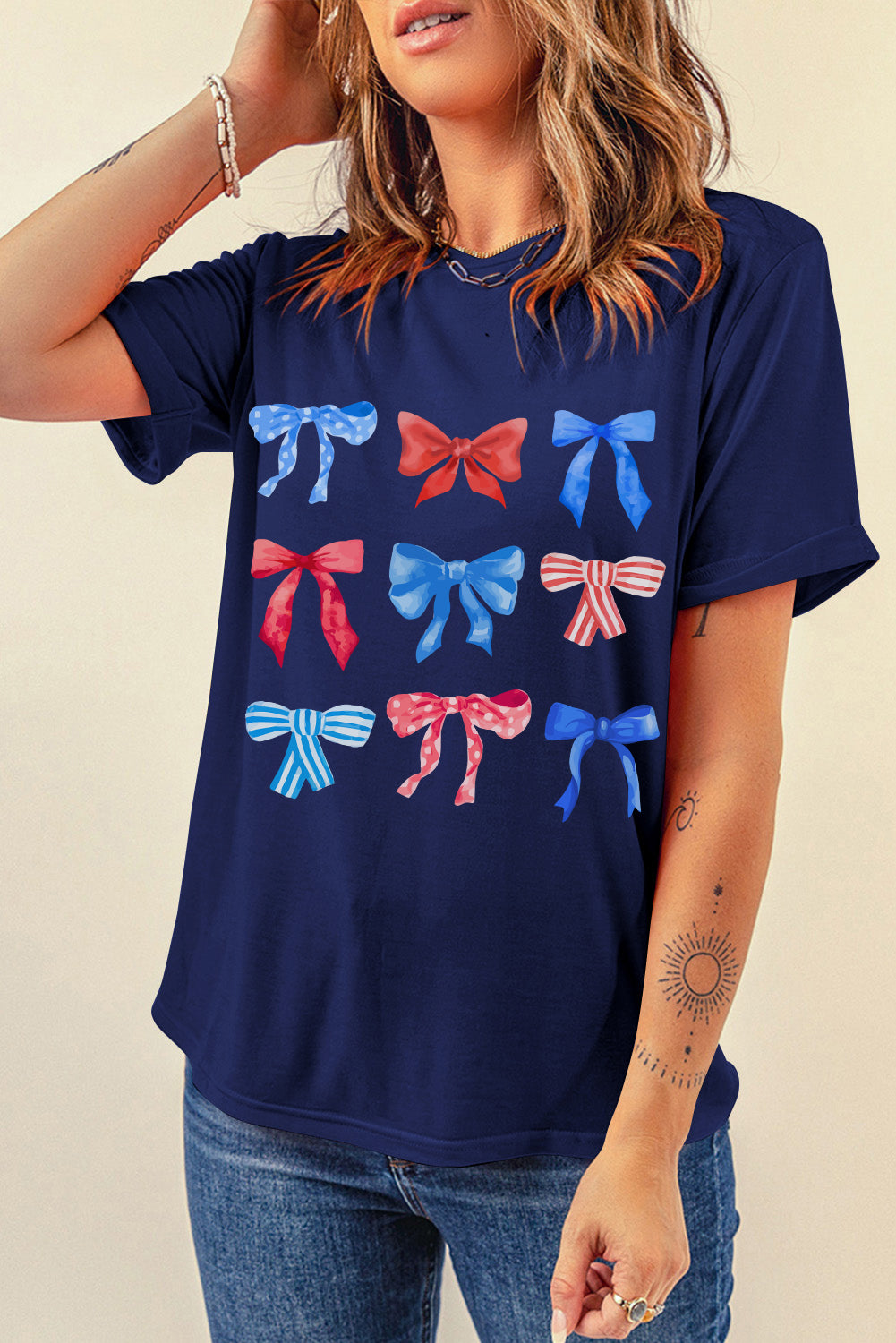 Blue American Flag Bow Knot Graphic Round Neck Tee