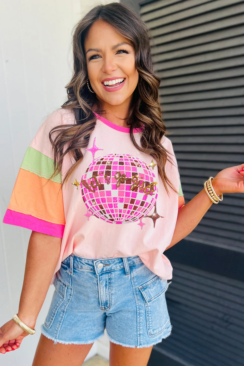 Pink Sequin Plaid Disco Light Ball Graphic Color Block Sleeve Tee