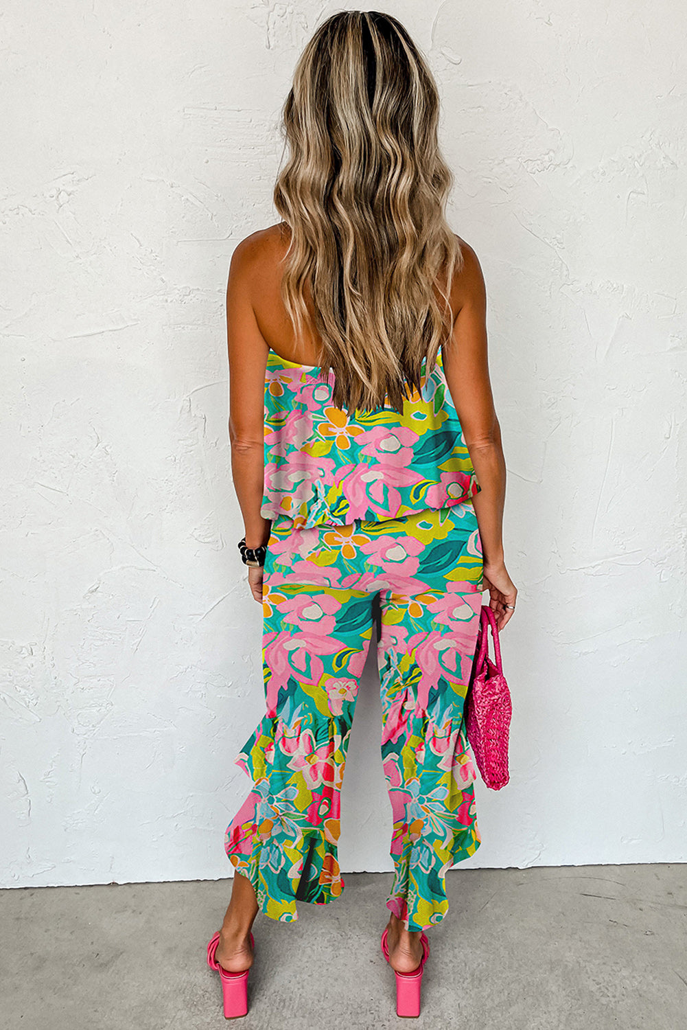 Wholesale Green Mix Tropical Print Strapless Ruffle Jumpsuit