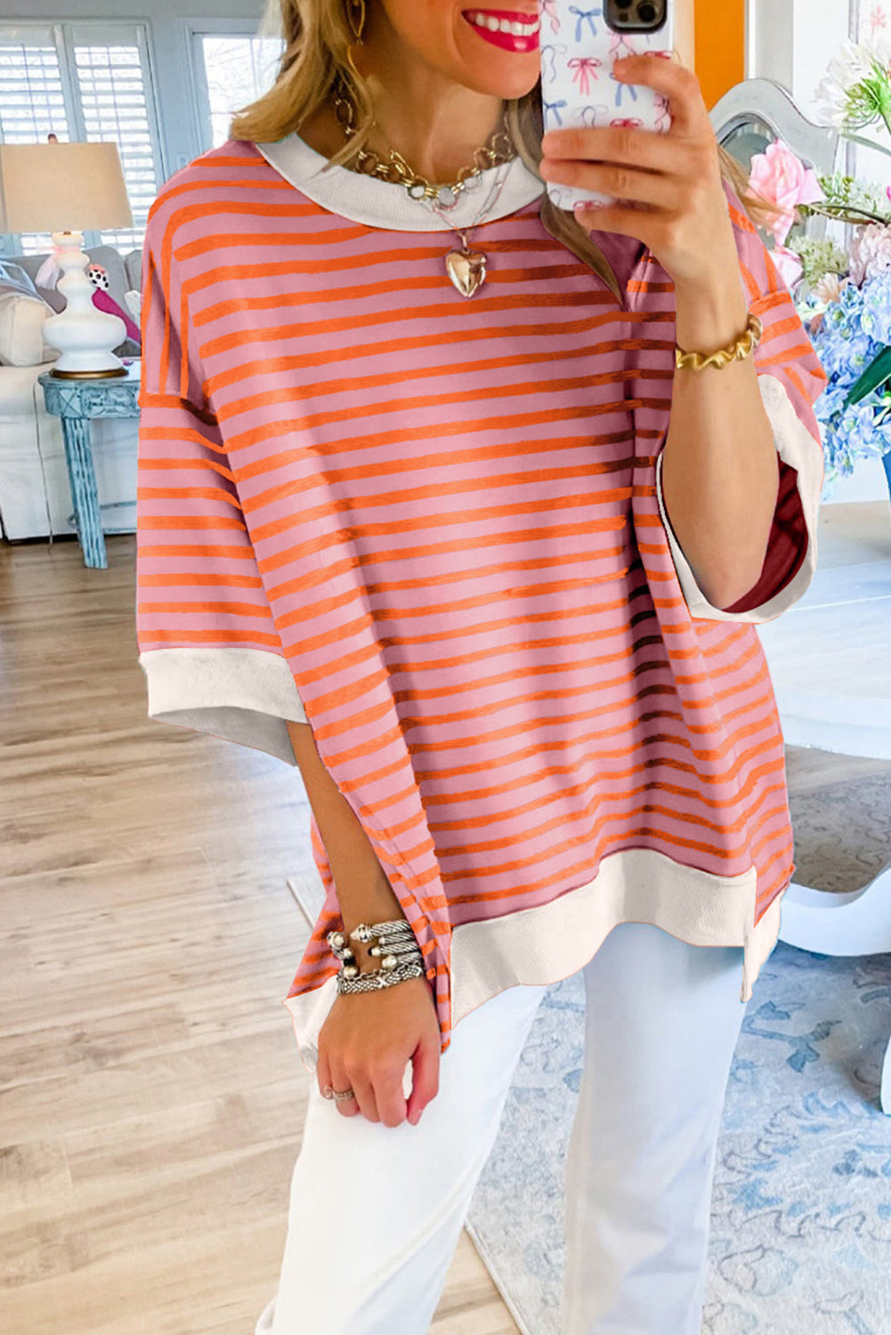 Pink Stripe Colorblock Drop Sleeve Loose Top