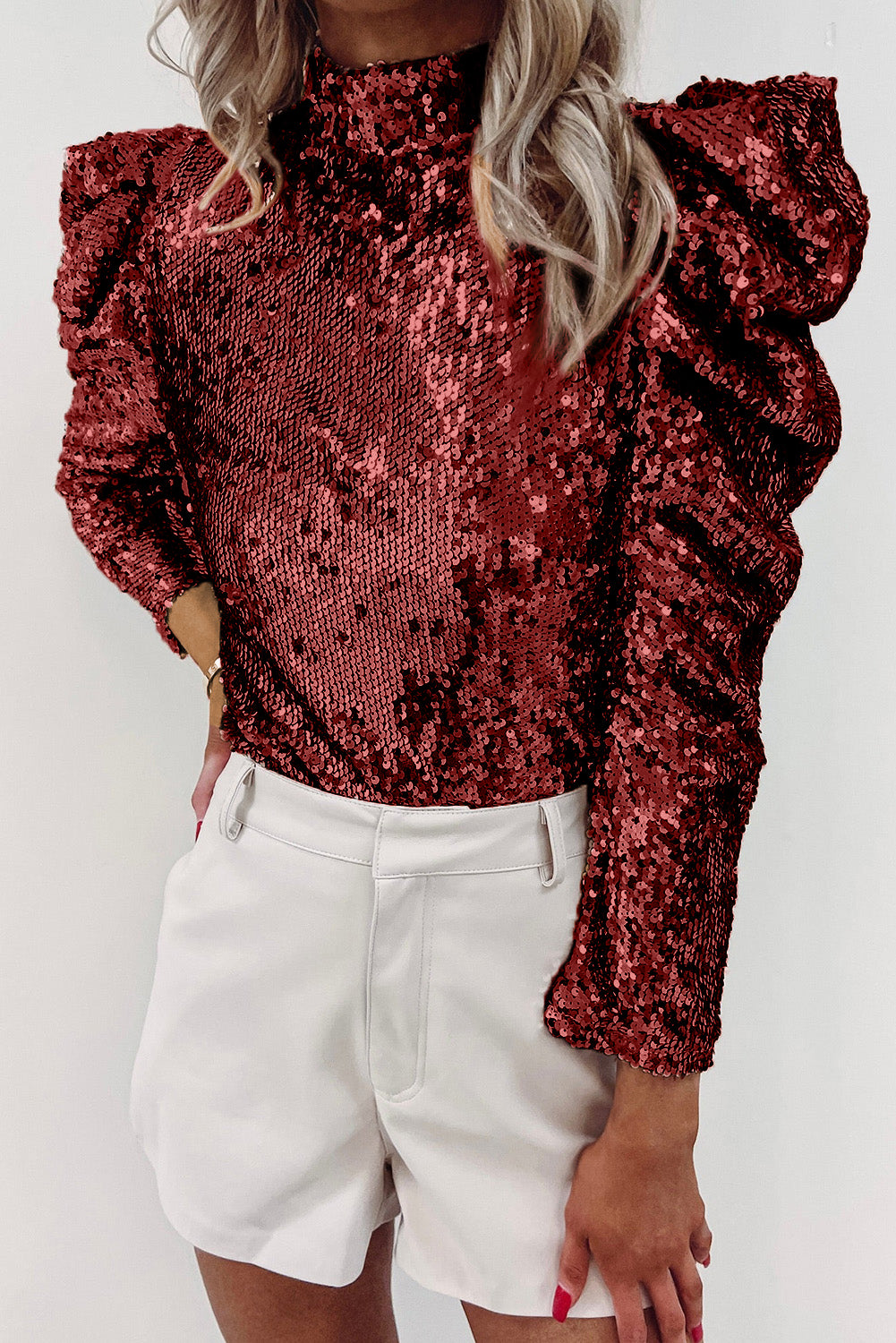 Black Sequin Mock Neck Ruched Puff Sleeve Top