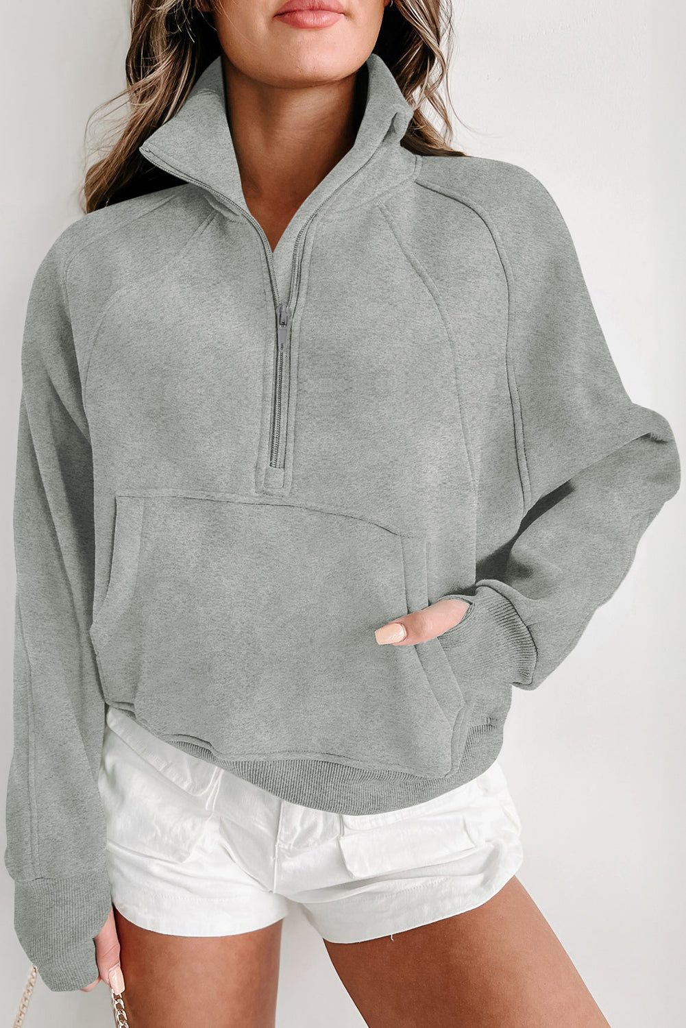 Bonbon Zip Up Stand Collar Ribbed Thumbhole Sleeve Sweatshirt