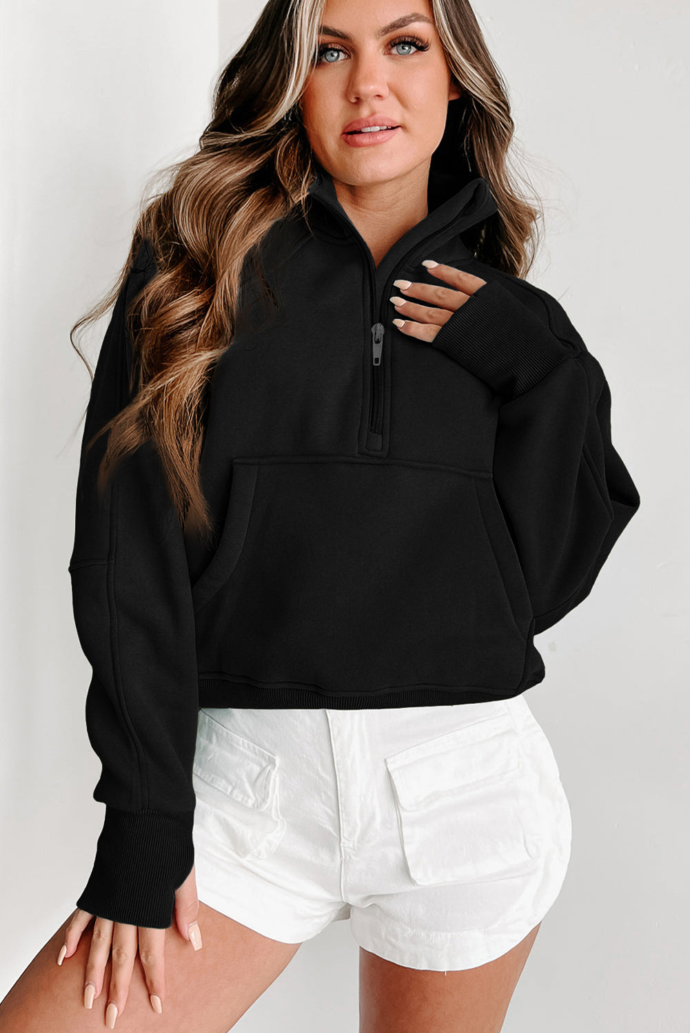 Bonbon Zip Up Stand Collar Ribbed Thumbhole Sleeve Sweatshirt