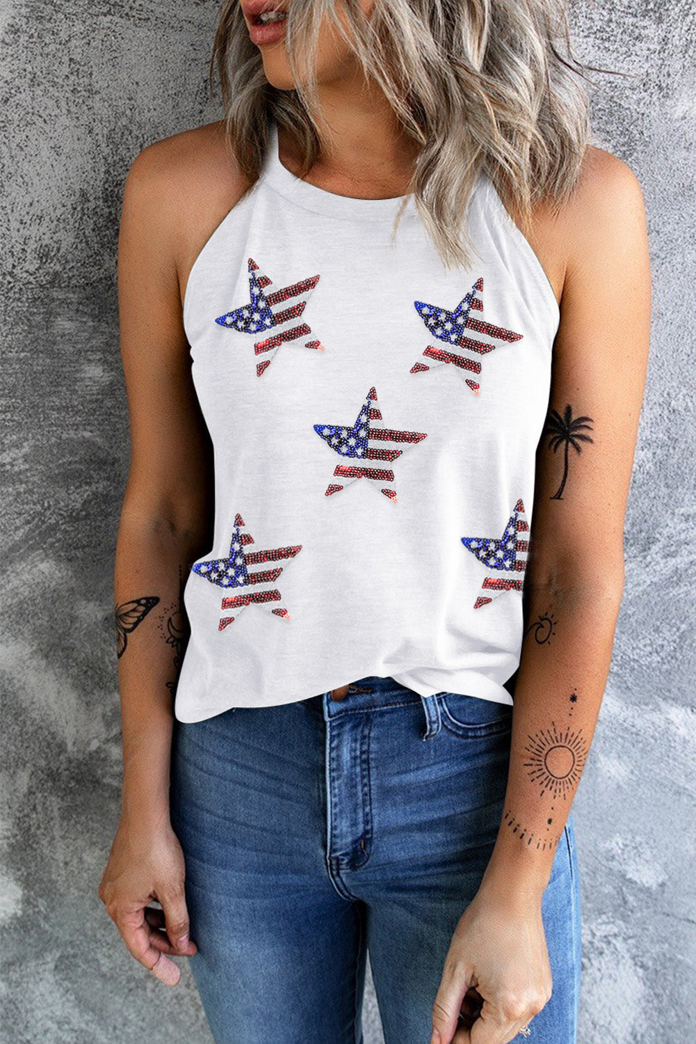 White Sequin American Flag Star Graphic Tank Top