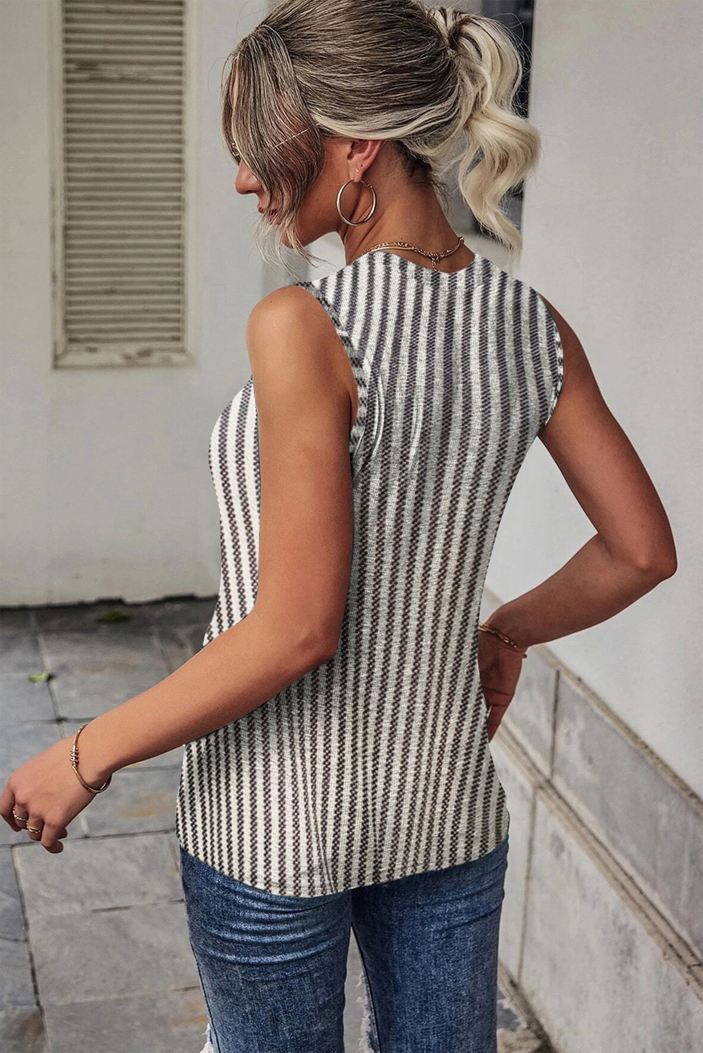 Gray Striped Cutout Twist Front Tank Top