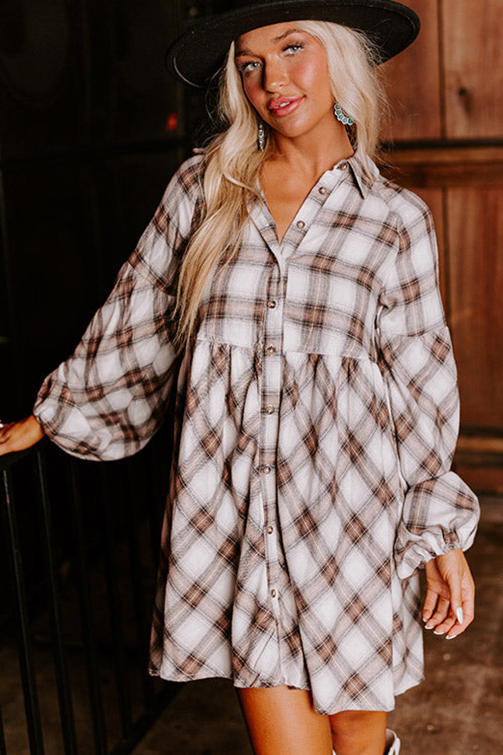 White Plaid Bubble Sleeve Flowy Shirt Dress