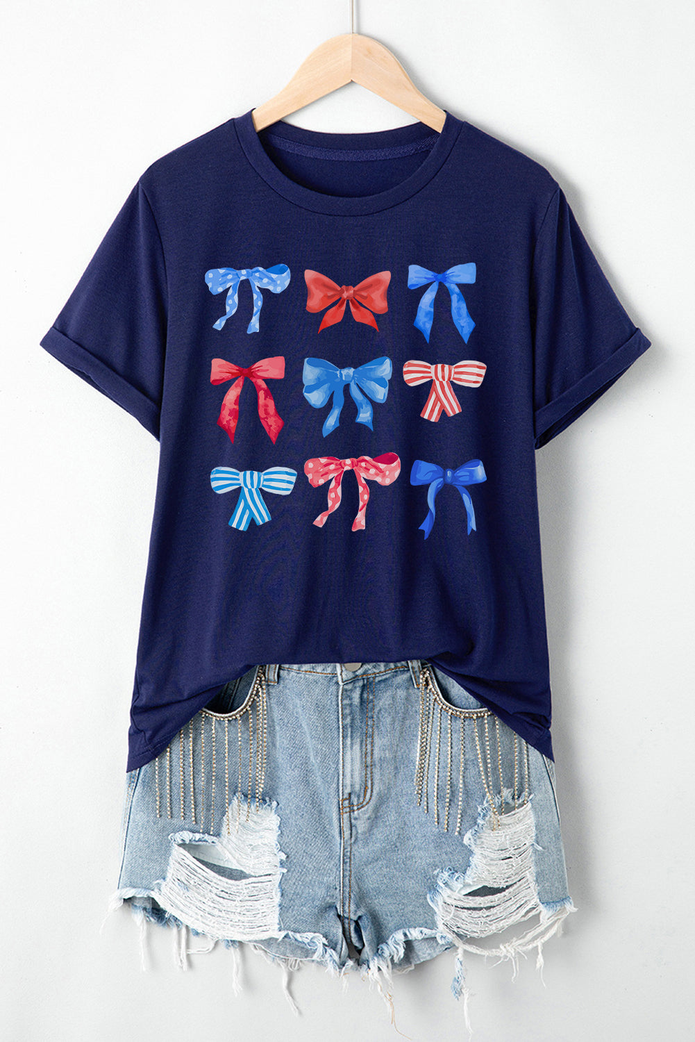 Blue American Flag Bow Knot Graphic Round Neck Tee