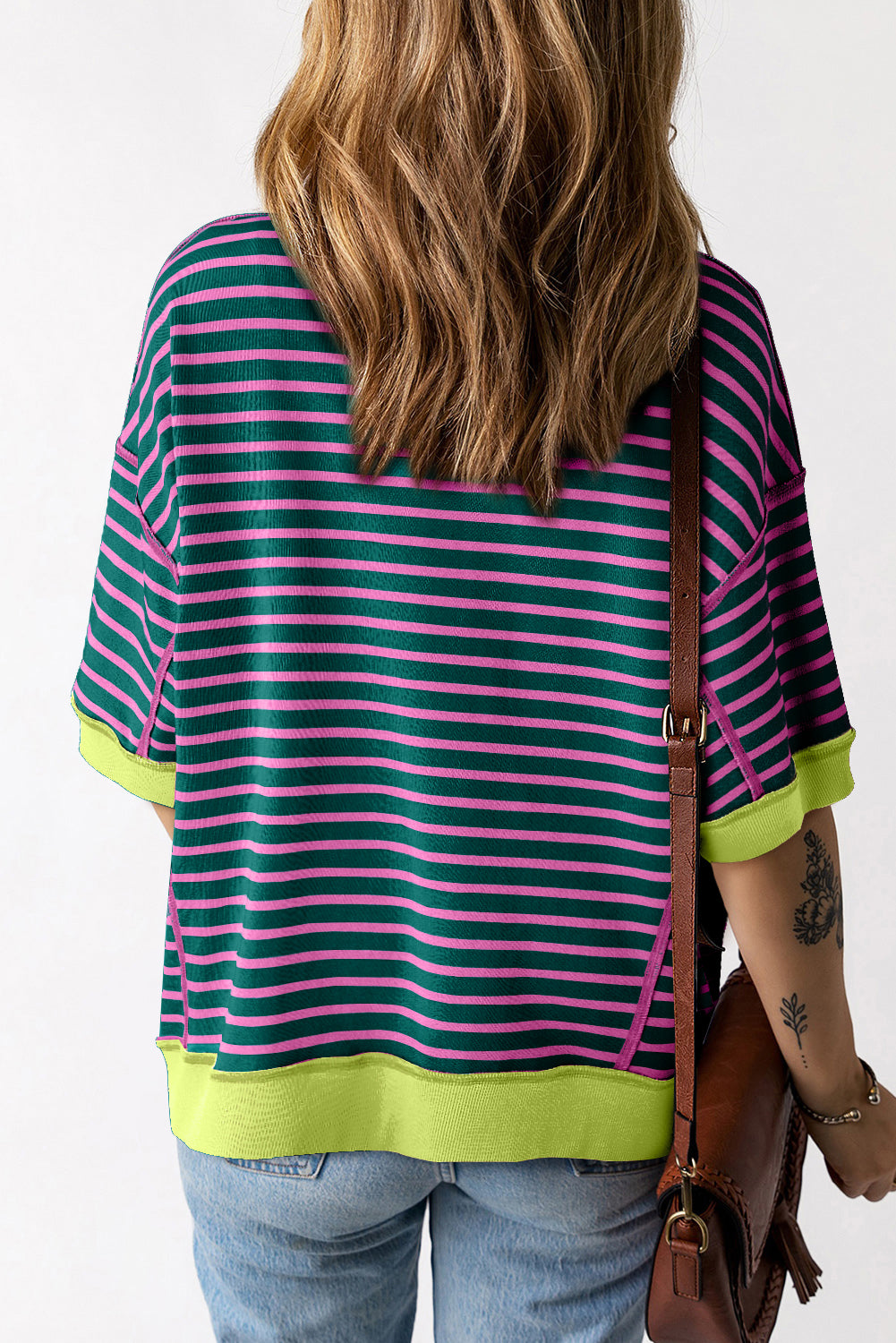 Pink Stripe Colorblock Drop Sleeve Loose Top