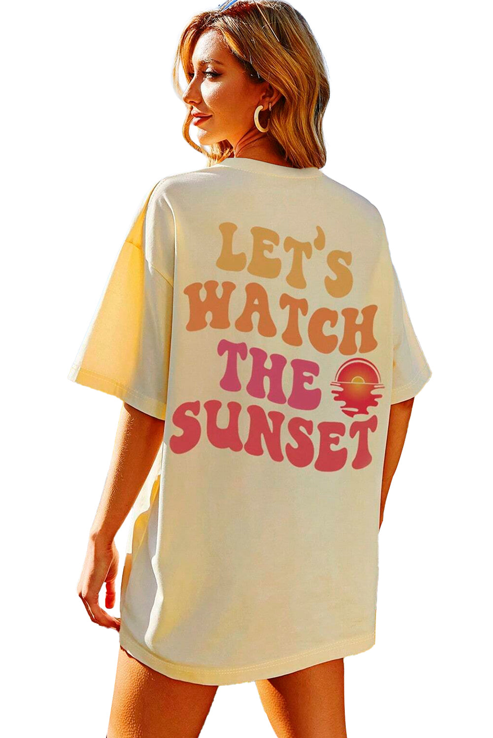 Yellow Cream LET'S WATCH THE SUNSET Print Half Sleeve Long Tee