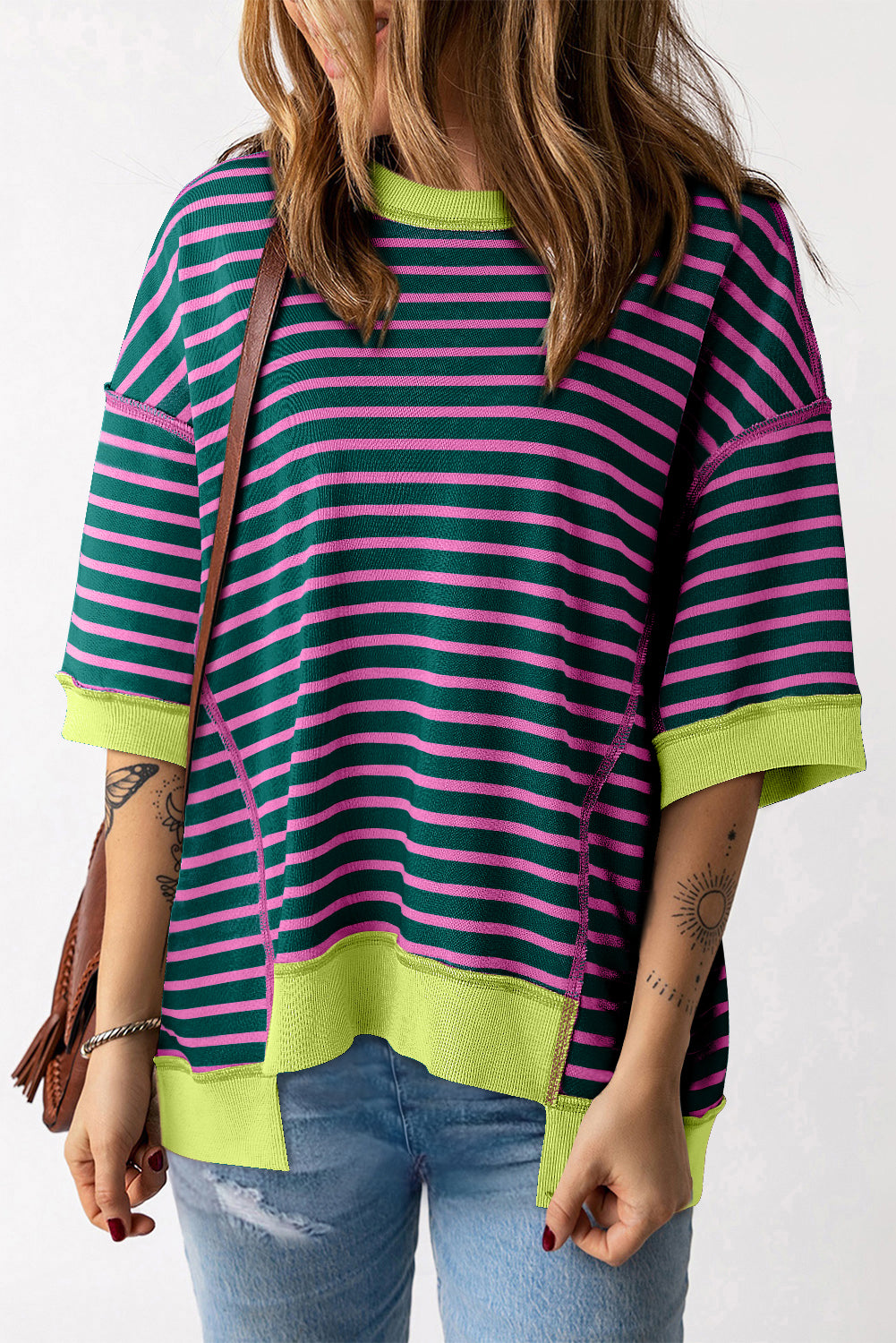 Pink Stripe Colorblock Drop Sleeve Loose Top