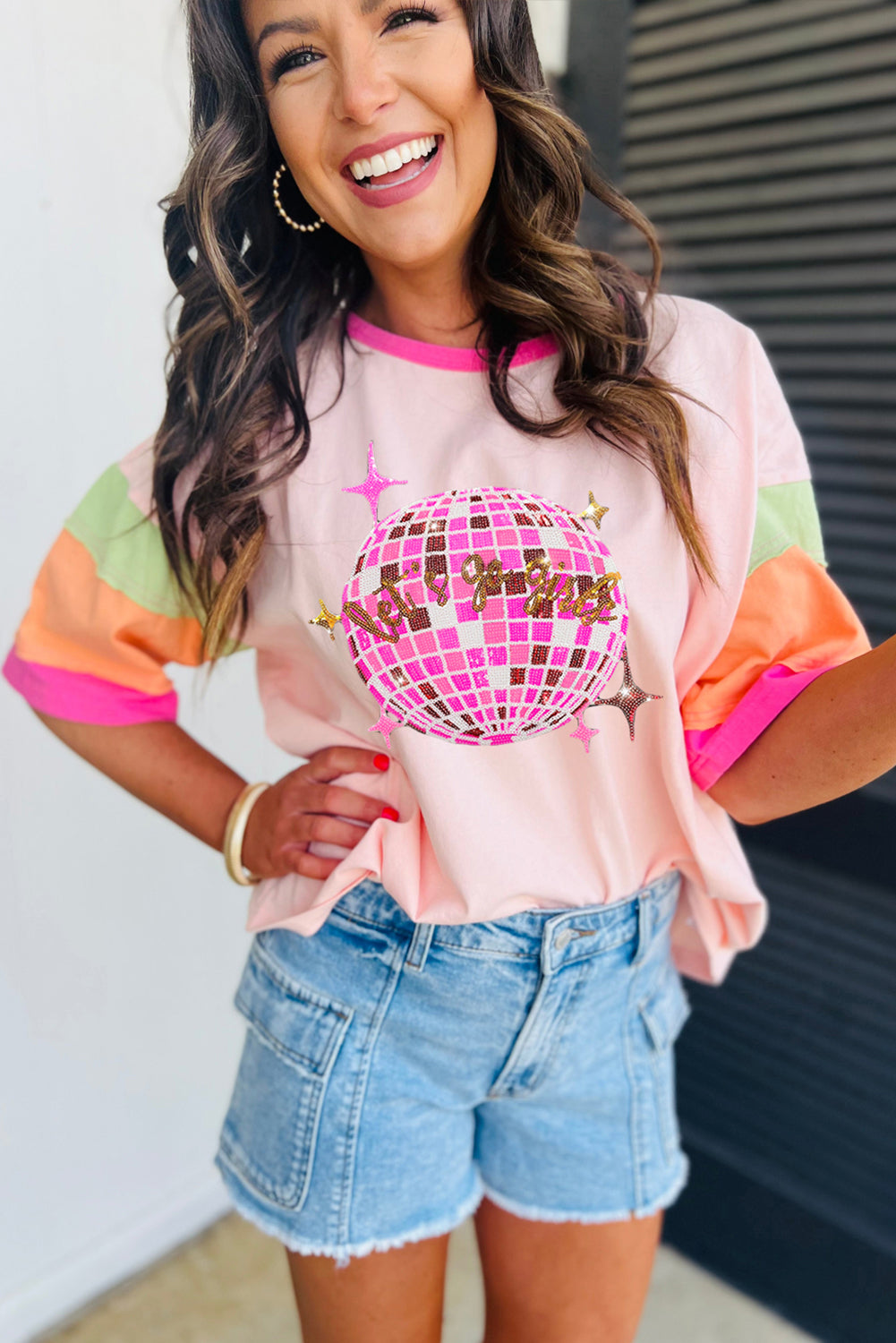 Pink Sequin Plaid Disco Light Ball Graphic Color Block Sleeve Tee