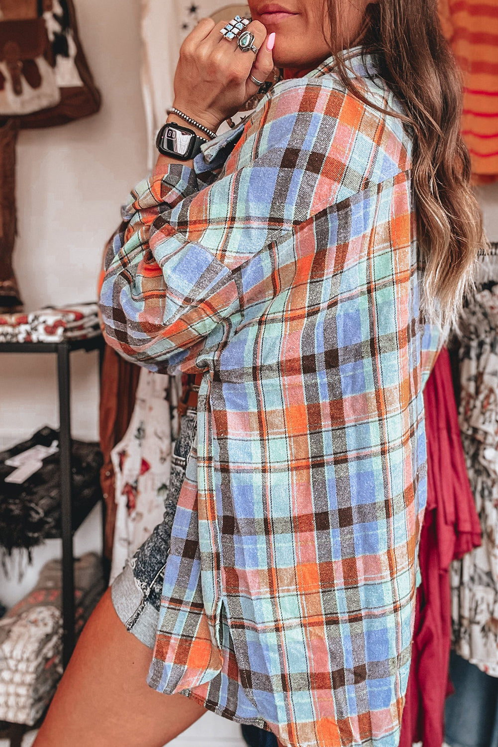 Red Plaid Print Drop Sleeve Loose Shirt