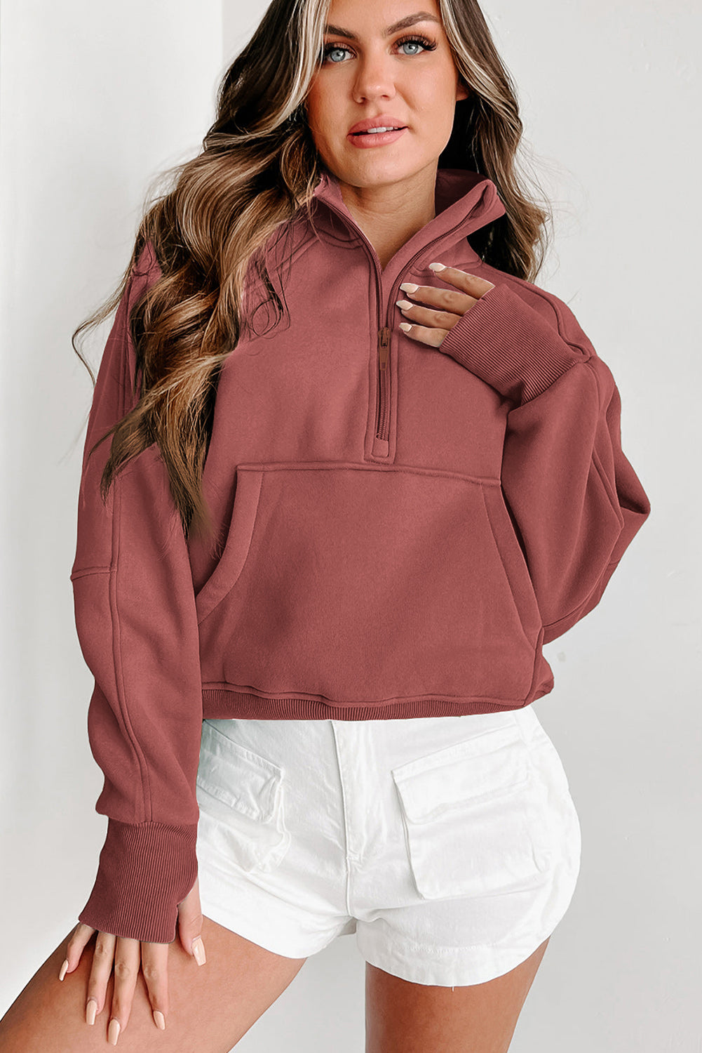 Bonbon Zip Up Stand Collar Ribbed Thumbhole Sleeve Sweatshirt