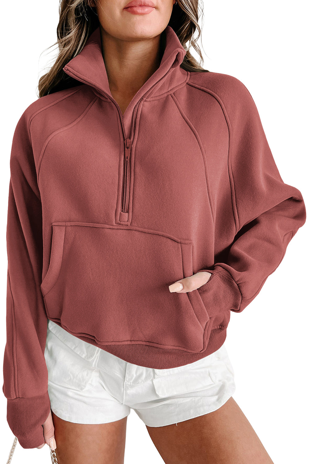 Bonbon Zip Up Stand Collar Ribbed Thumbhole Sleeve Sweatshirt