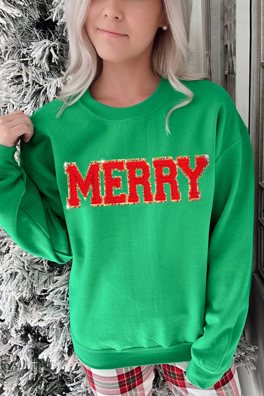 Dark Green Christmas Chenille MERRY Graphic Crew Neck Sweatshirt